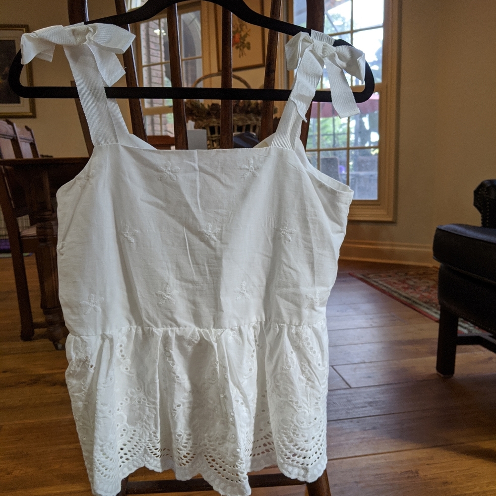 Cotton peplum bow sleeve eyelet tank flower detail